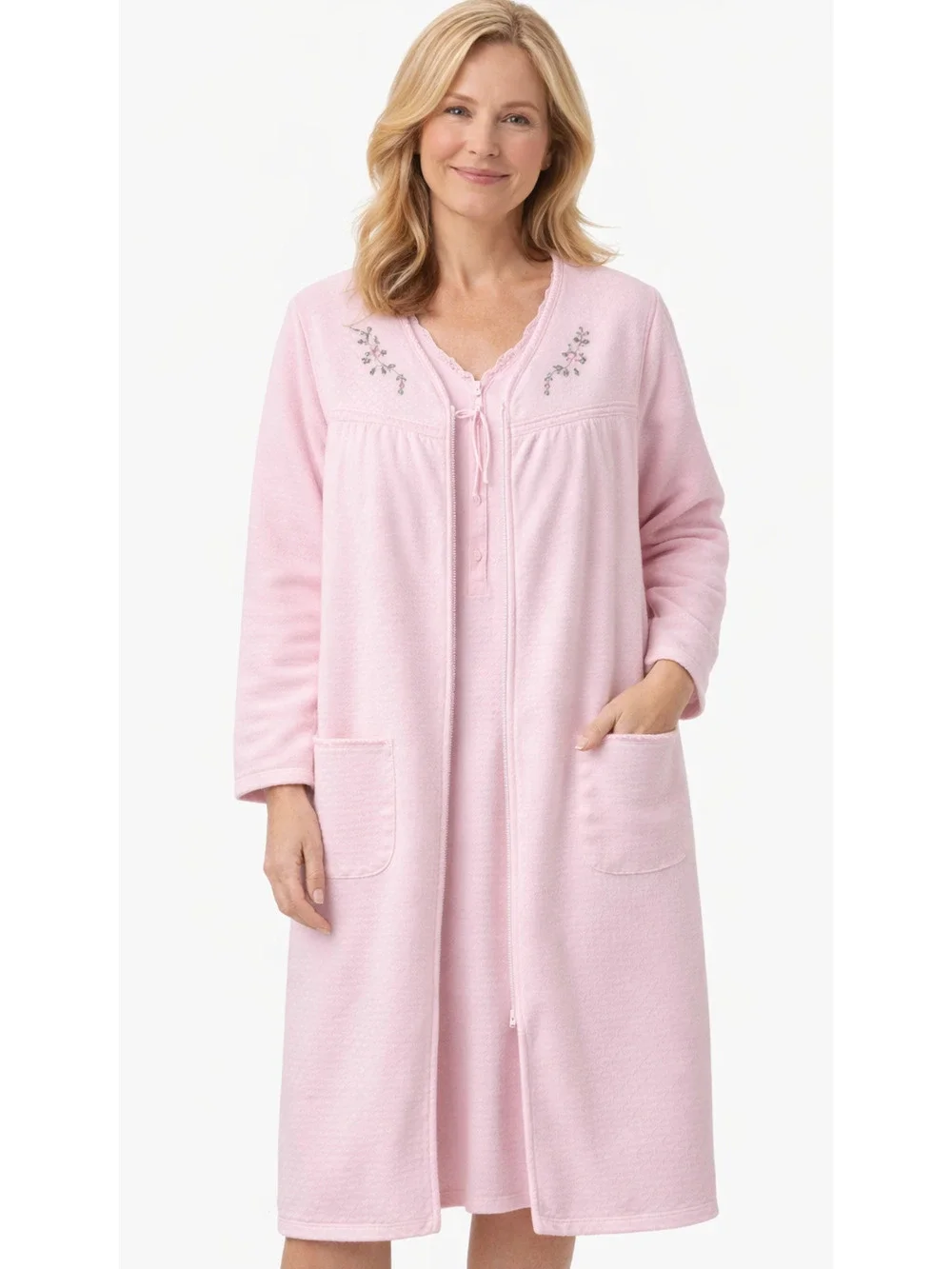 Secret Treasures Womens Sleep Set L Nightgown + XL Robe Pink Floral Embroidery